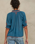 M.A.B.E, Talia Embroidered Short Sleeve Top- Blue/Orange
