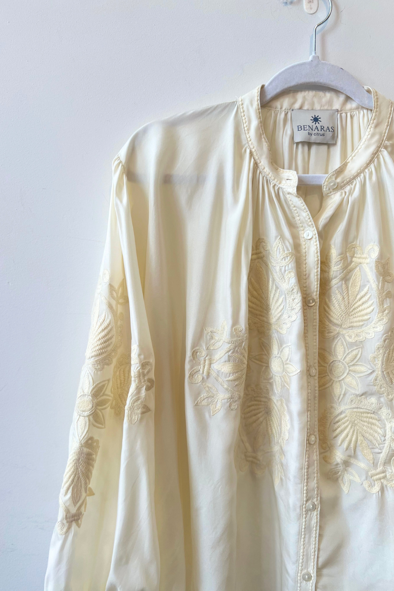 Benaras, Silk Soiree Shirt-Ecru