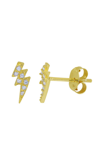 Gold Thunder Bolt Stud Earrings with Cubic Zirconia