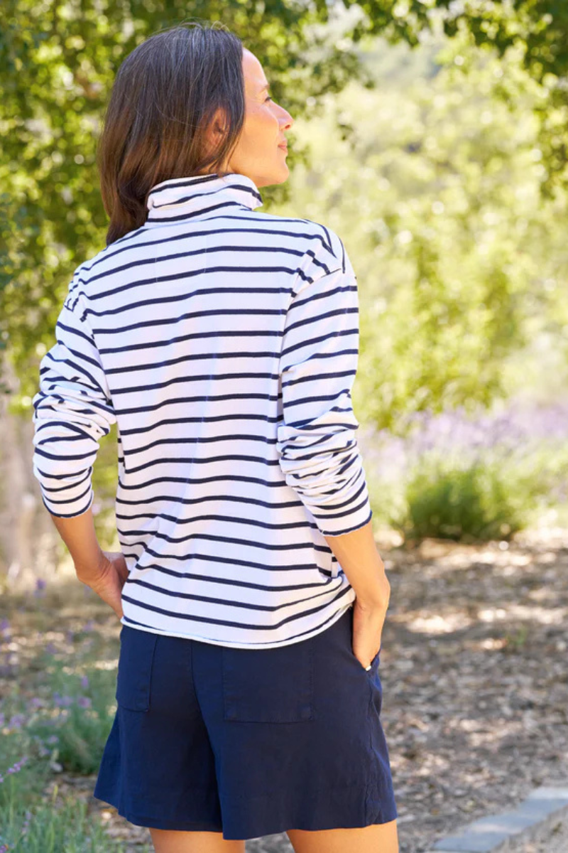 Frank & Eileen, Patrick Popover Henley- White,Wide Navy Stripe