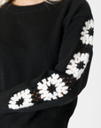 Lyla & Luxe, Raya Crewneck Sweater w/ Sleeve Embroidery-Black/White