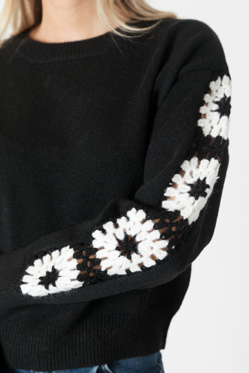 Lyla & Luxe, Raya Crewneck Sweater w/ Sleeve Embroidery-Black/White