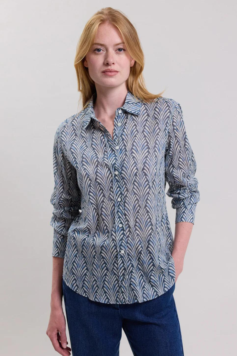 Hartford, Coraz Leaf Print Woven Shirt- Navy