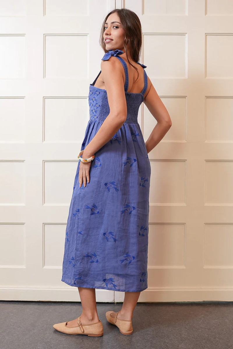 Nimo With Love, Agate Dress - Blue with Fish Embroidery