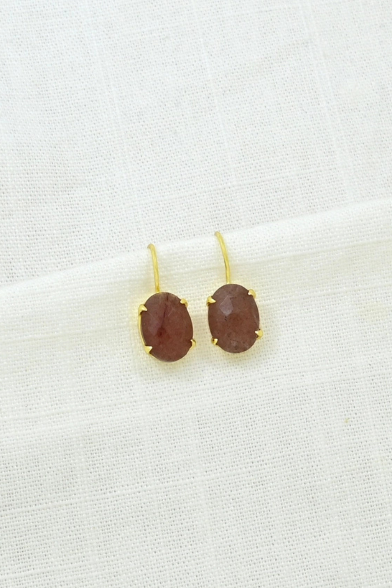 Schmuckoo, Oval Prong Gemstone Earrings Gold - Strawberry Quartz