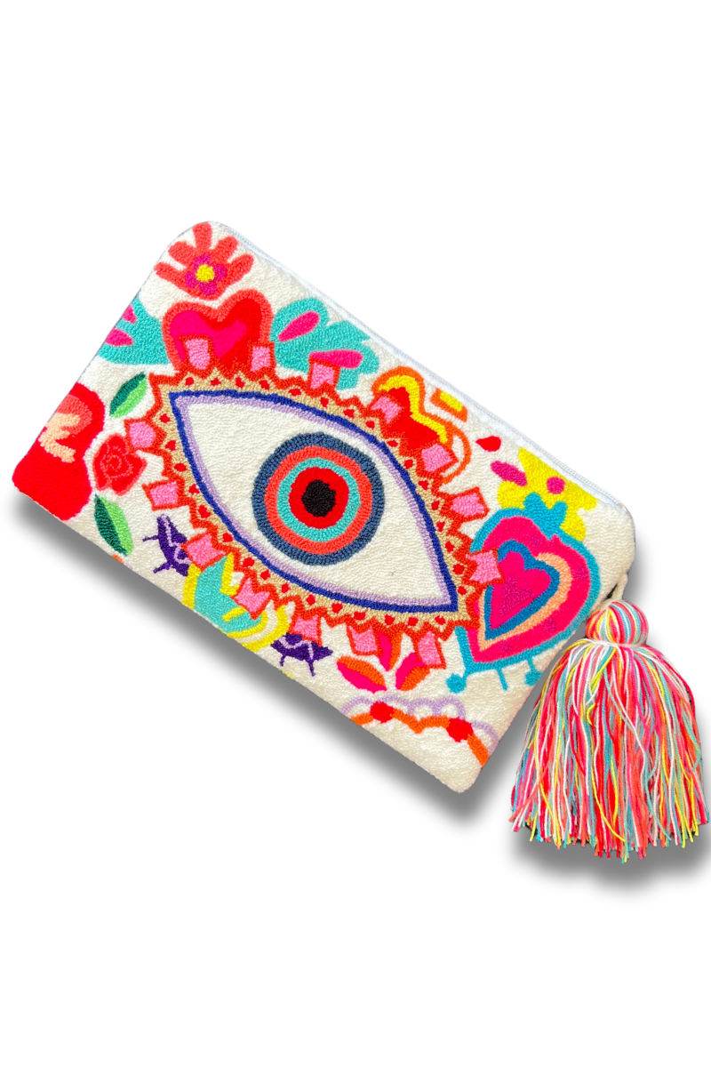 Le Pom Pom, Evil Eye Clutch- White/Multi