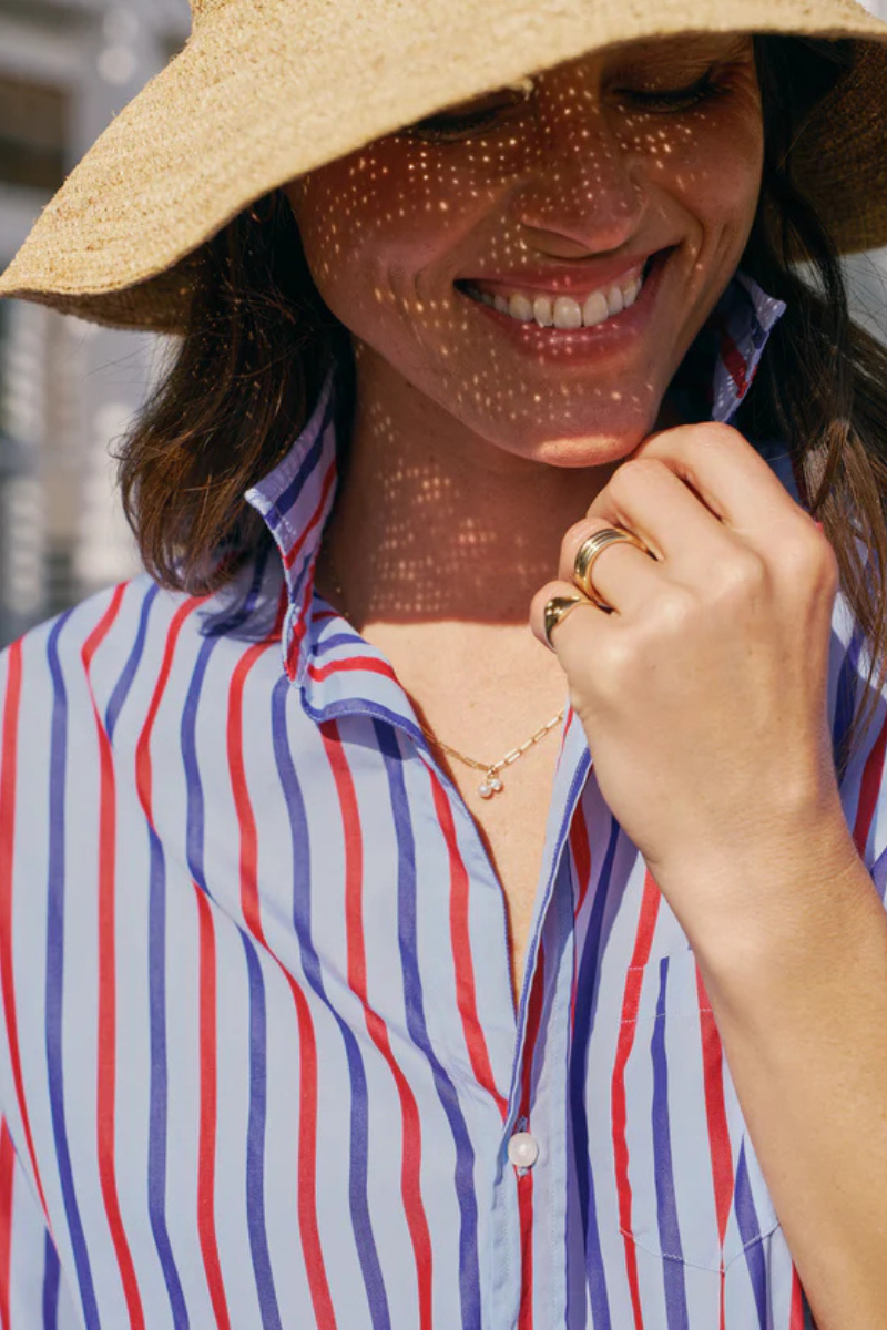 Frank & Eileen, Eileen Relaxed Button Up Shirt - Blue with Navy and Red Stripe