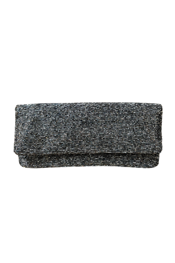 Tiana, Beaded Fold Over Clutch- Pewter