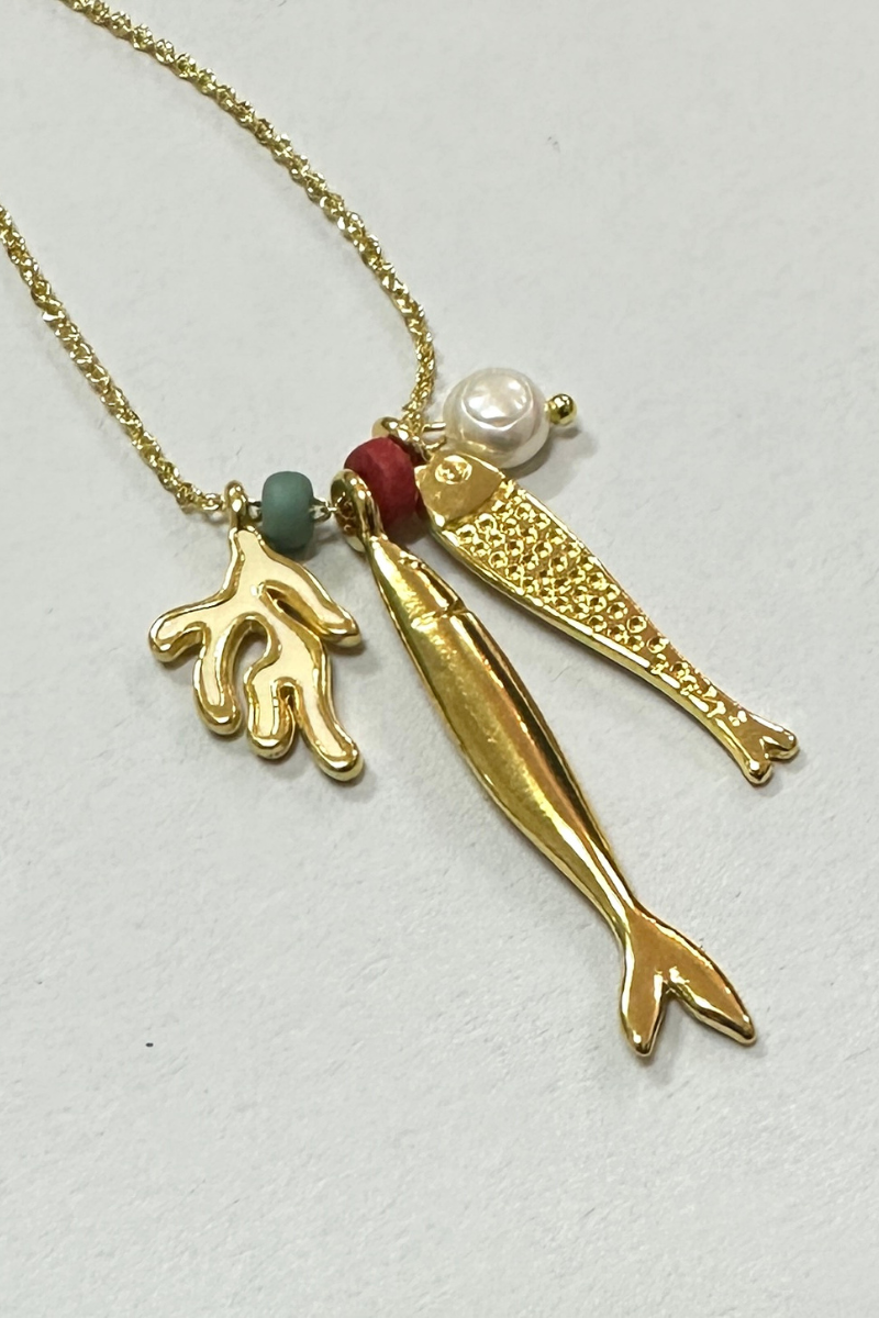 The Makery, Gold Sardine, Coral and Pearl Adjustable Necklace