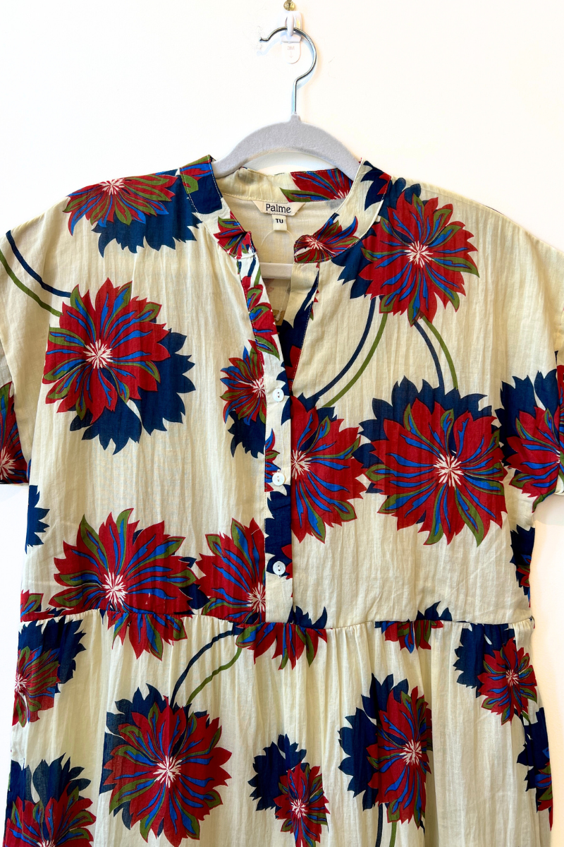 Palme, Lined Button Down Dress - Ecru with Vibrant Flowers