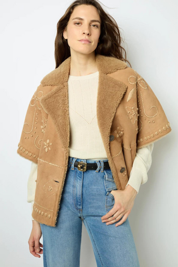 Gerard Darel, Lysianna Embroidered Shearling Short Jacket