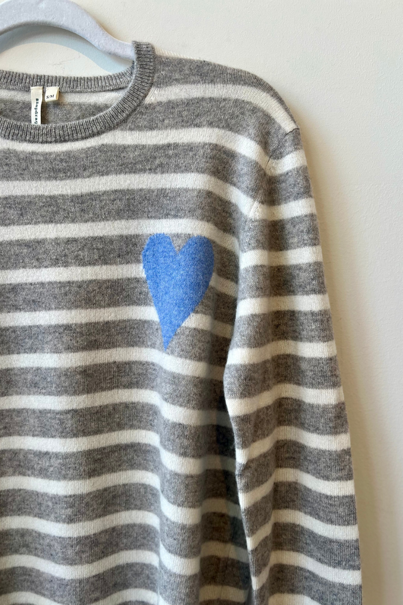 Heart Stripe Crew Sweater- Silver