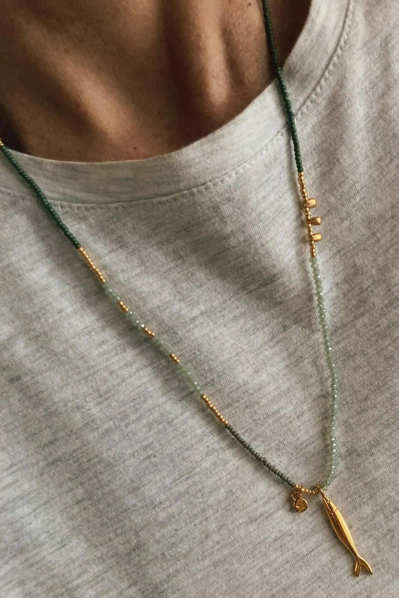 The Makery, Loopstring Necklace- Sage, Grey with Gold Fish