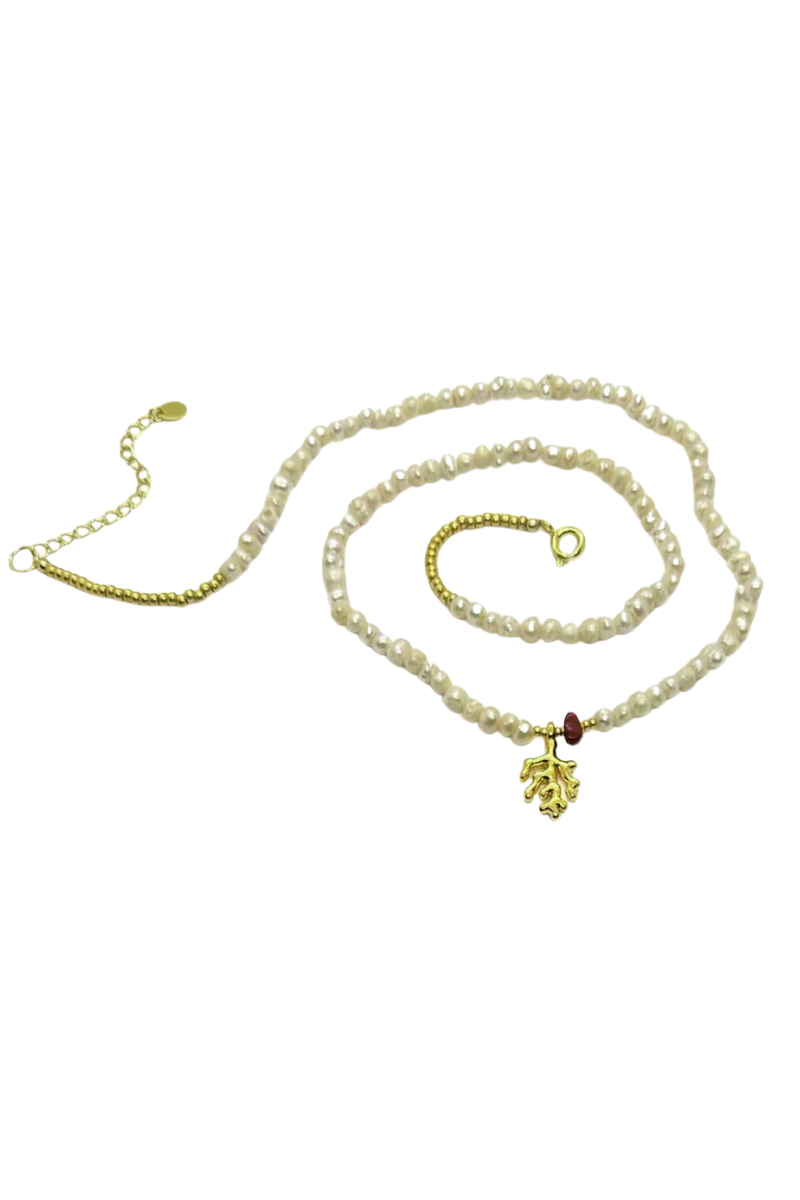 The Makery, Pearl Necklace With Gold and Red Coral Charms