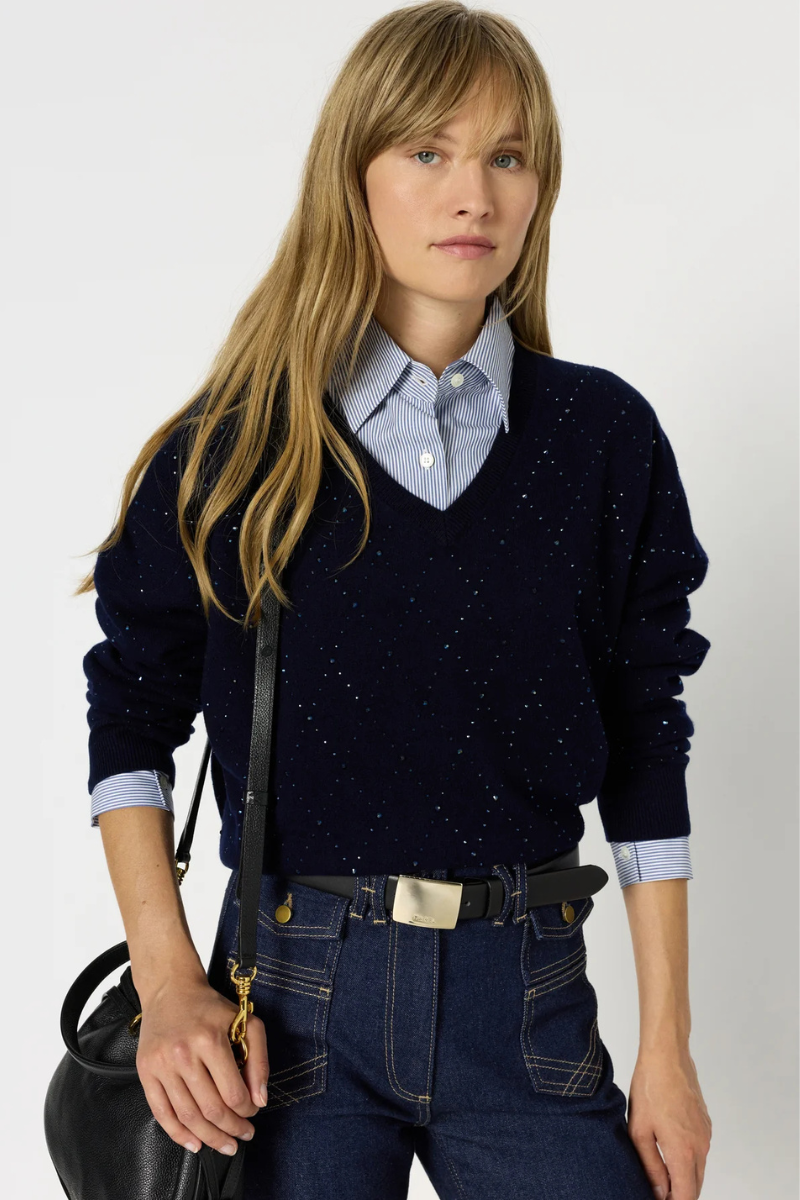 Gerad Darel, Edwige V-neck Wool Sweater with Rhinestones - Marine