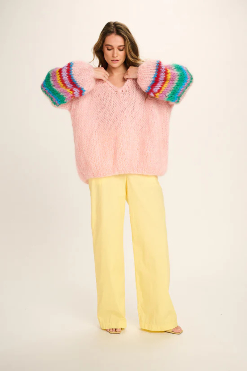 Les Tricots D'O, Eleanor Mohair V-Neck Sweater-Pink w/Coloured Sleeves