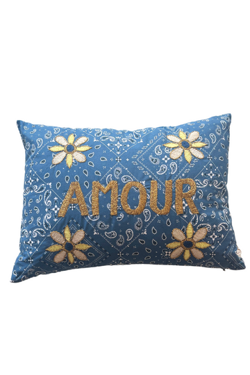Embroidered Cushion AMOUR- Blue Paisley/Yellow/Gold