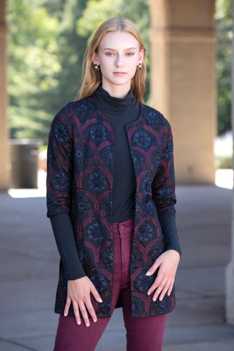 Rungolee, Francois Jacket- Black Sateen with Burgundy Stitching