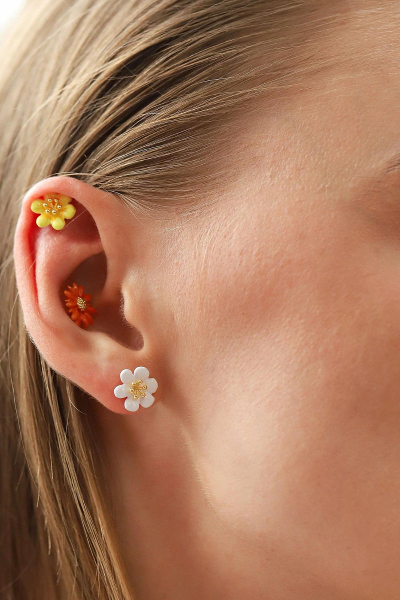 TAI, Orange Enamel Gerber Daisy Earrings