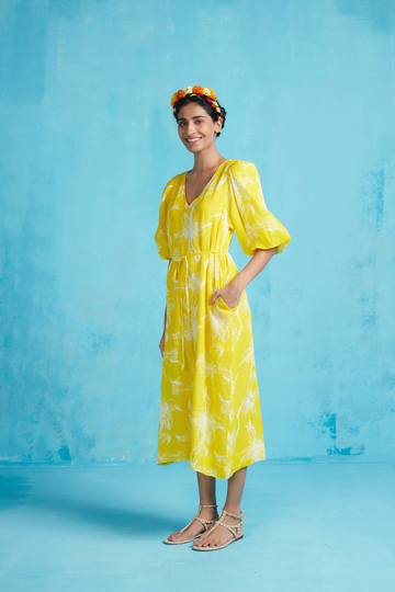 Ro's Garden, Naira Crinkle Maxi Dress- Yellow Celaya