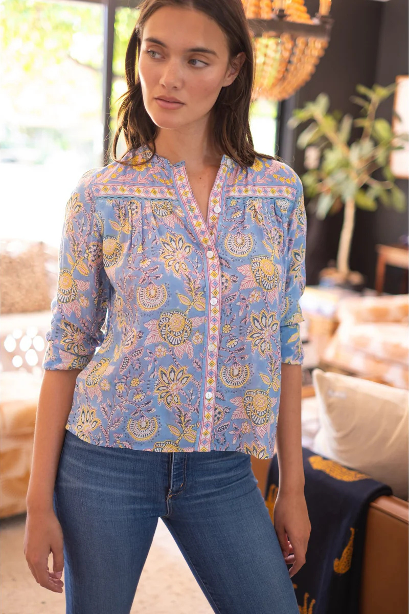 Bell, Audrina Top- Blue/Yellow Print