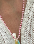Pale Pink Glass Necklace on Red Knotted Cord- Amazonite