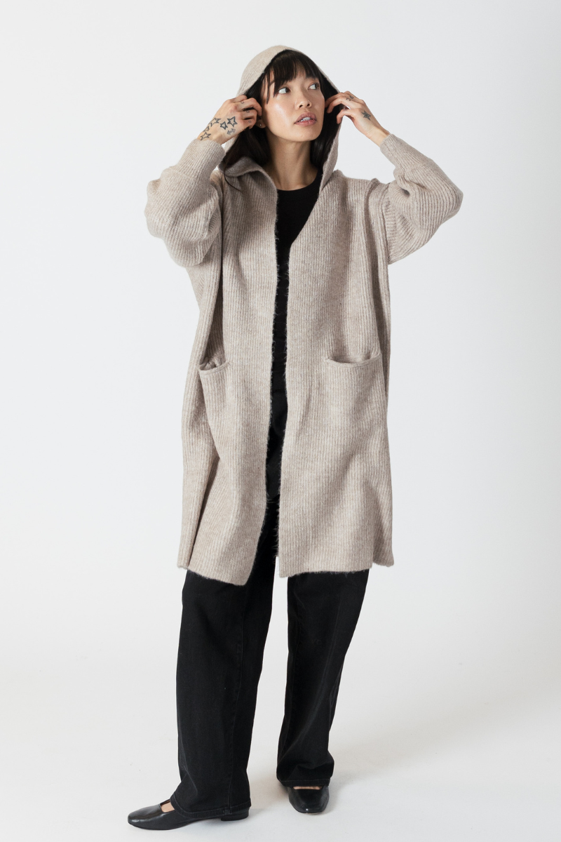 Lyla & Luxe, Darla Long Hooded Ribbed Coat-Driftwood