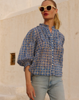 Oliphant, Ruffle Front Button Blouse- Aster Blue