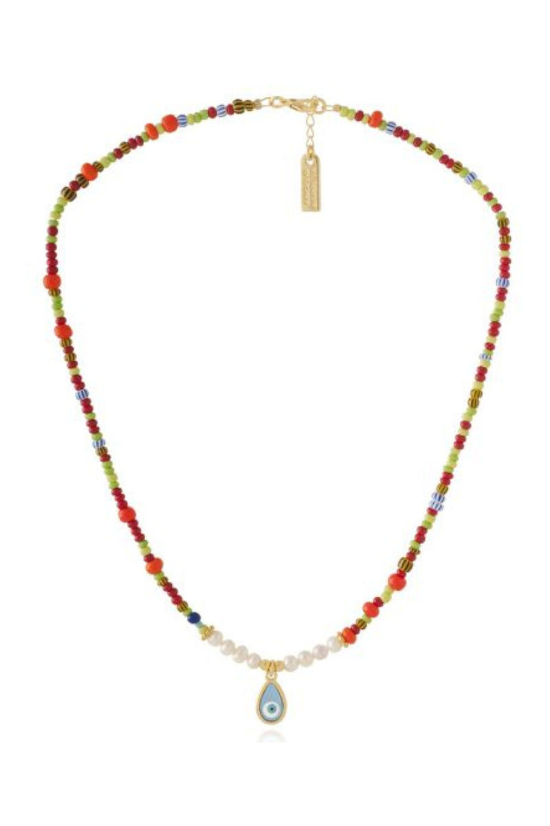 AB, Glass Bead Necklace with Pearls and Gold Eye Tear Drop Pendant