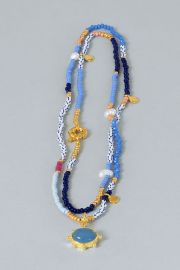 Long Blue Beaded Necklace w/Blue Chalcedony Pendant