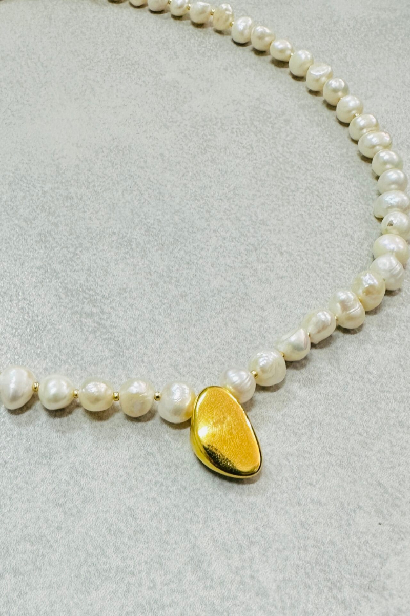 The Makery Collection, Pearl Necklace with Gold Pebble Charm