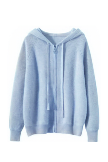 Cashmere Waffle Knit Zip Hoodie-Bright Blue