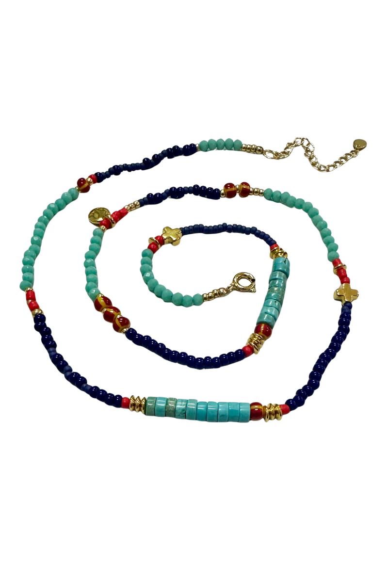 The Makery Collection, Beaded Necklace - Turquoise, Navy, Red and Gold