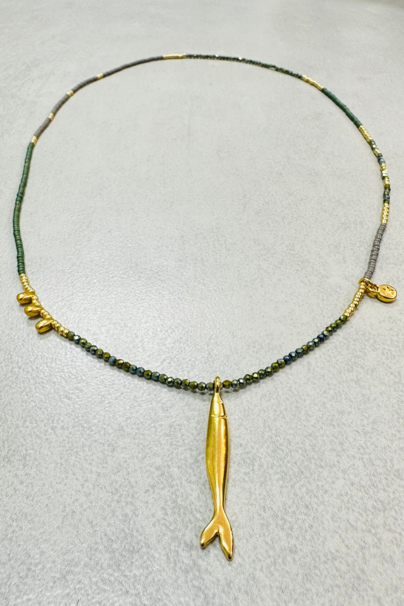 The Makery Collection, Loopstring Necklace - Teal Green, Grey and Gold with a Fish Charm