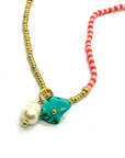 Beaded Necklace with Pearl- Pink/Orange& Turquoise