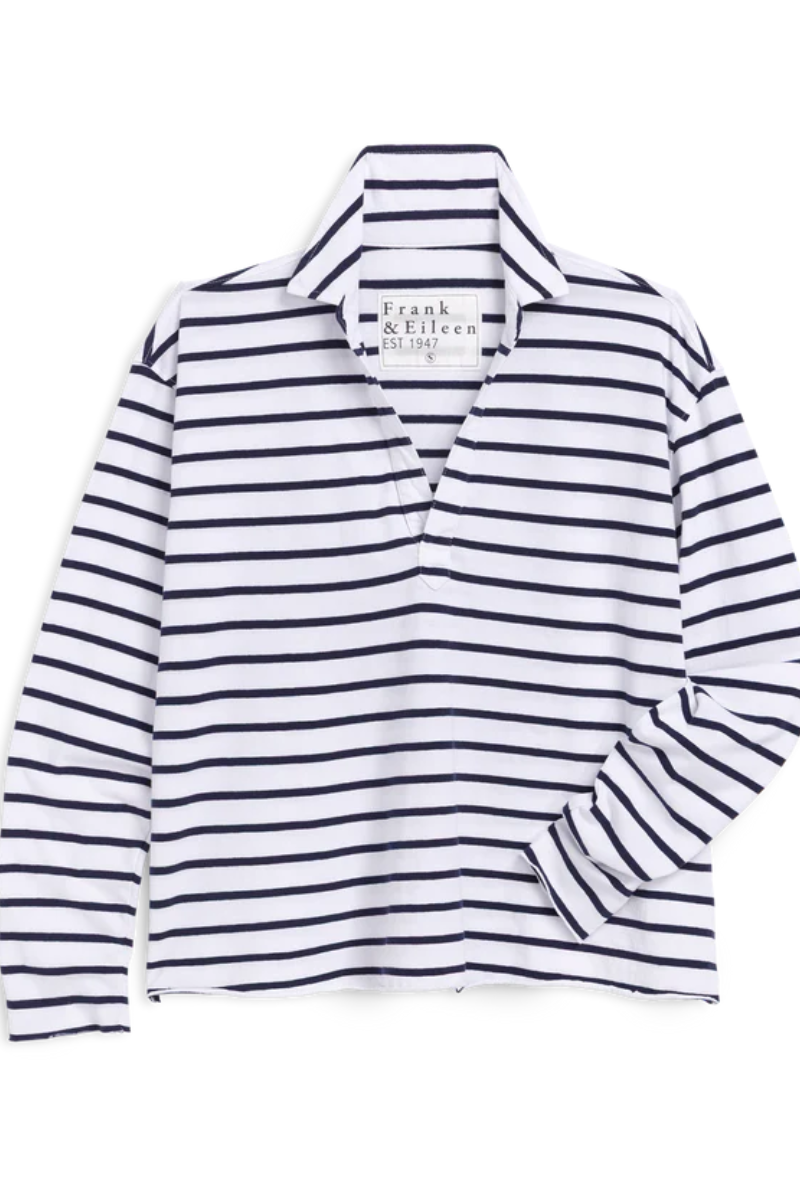 Frank & Eileen, Patrick Popover Henley- White,Wide Navy Stripe