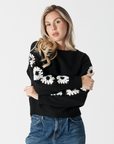 Lyla & Luxe, Raya Crewneck Sweater w/ Sleeve Embroidery-Black/White