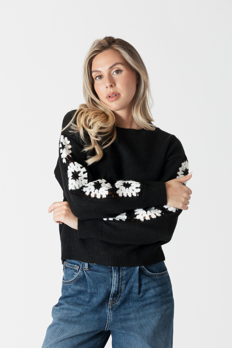 Lyla & Luxe, Raya Crewneck Sweater w/ Sleeve Embroidery-Black/White