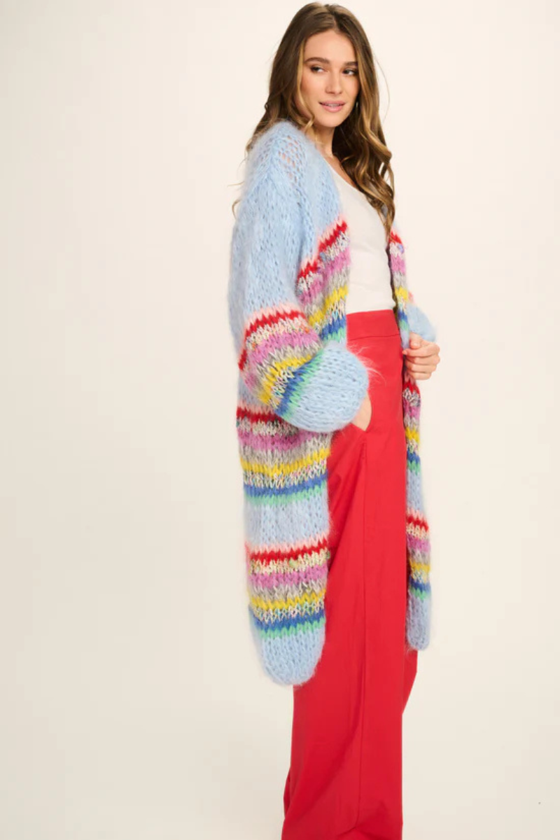 Les Tricots D'O, Ellis Mohair Long Cardigan-Pale Blue w/Stripes