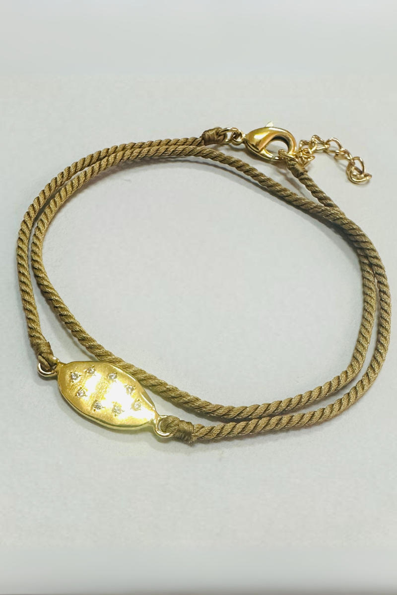 The Makery, Sparkling Gold Leaf Braclet On Tan Cord