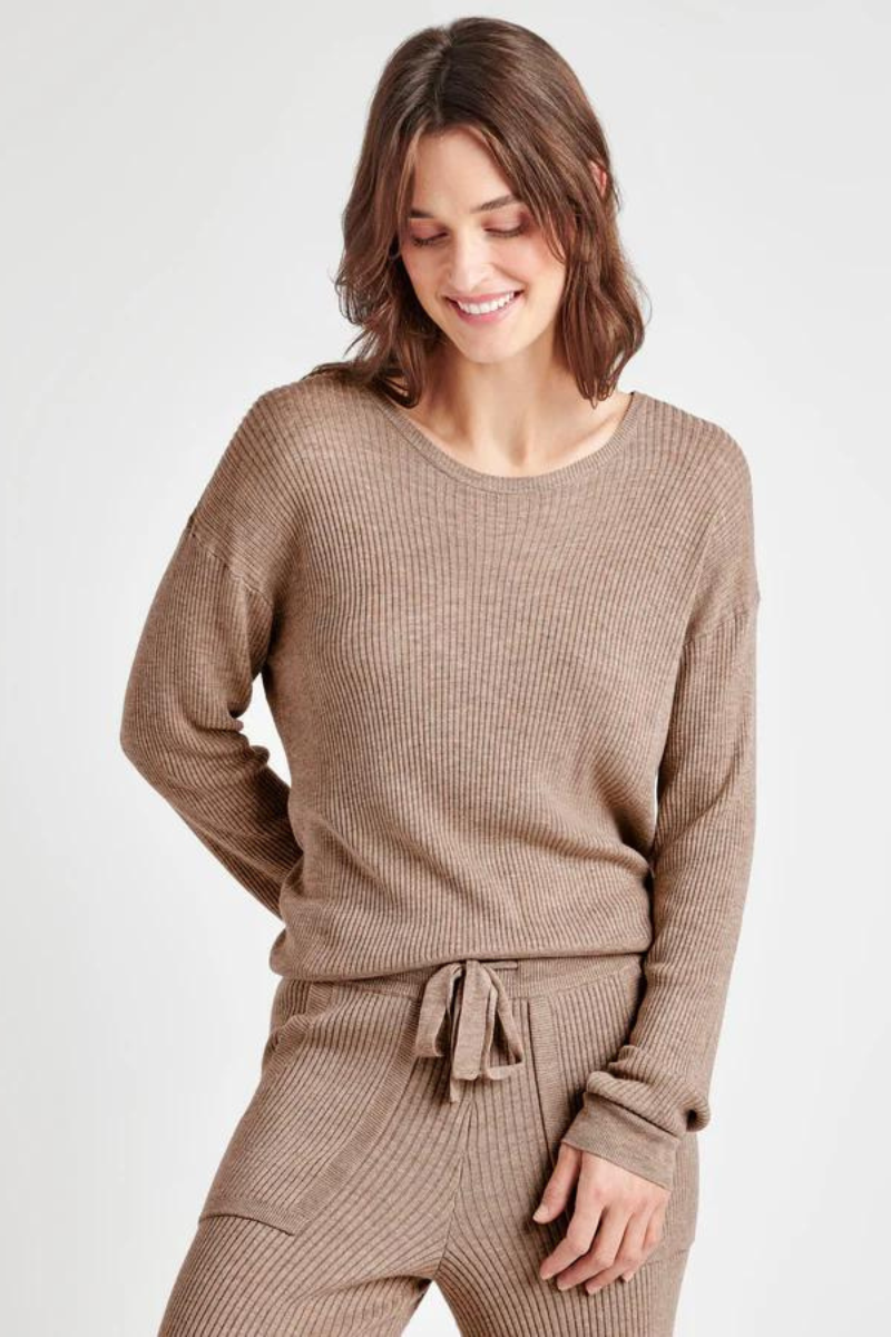 Splendid, Georgie Rib Long Sleeve Sweater -Tawny Heather