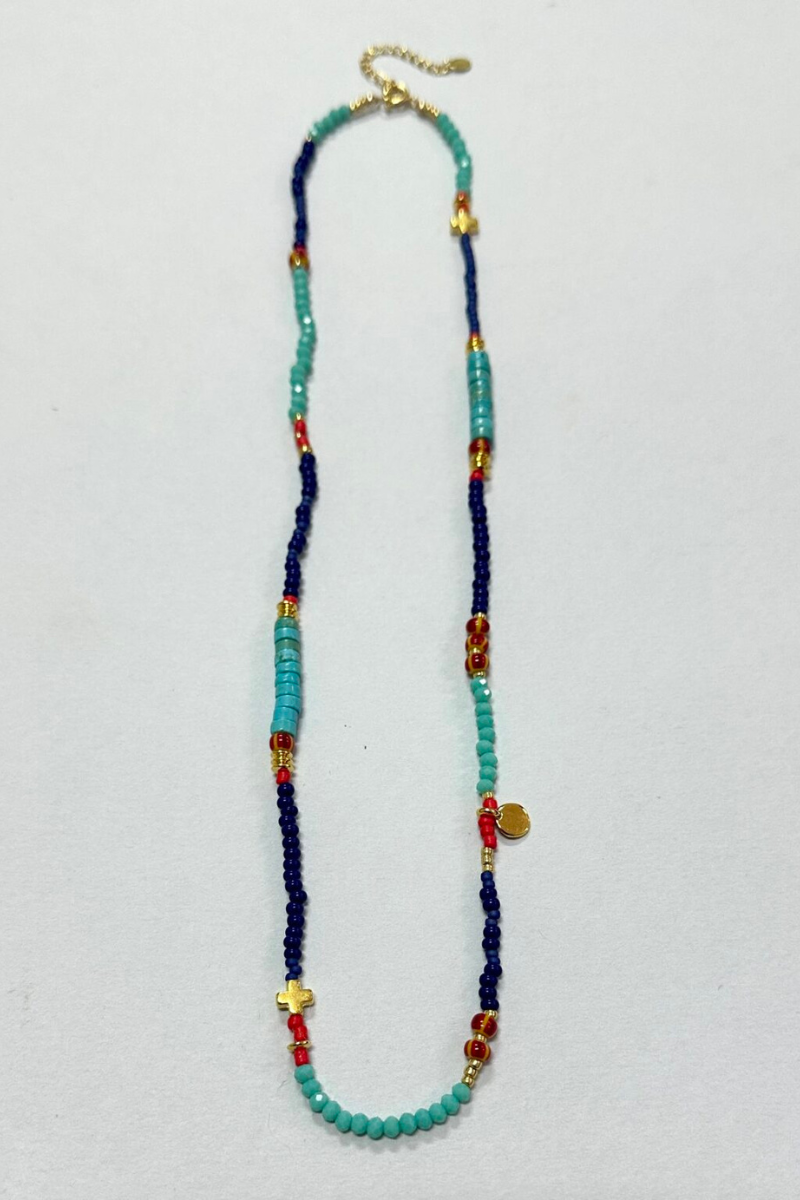 The Makery Collection, Beaded Necklace - Turquoise, Navy, Red and Gold