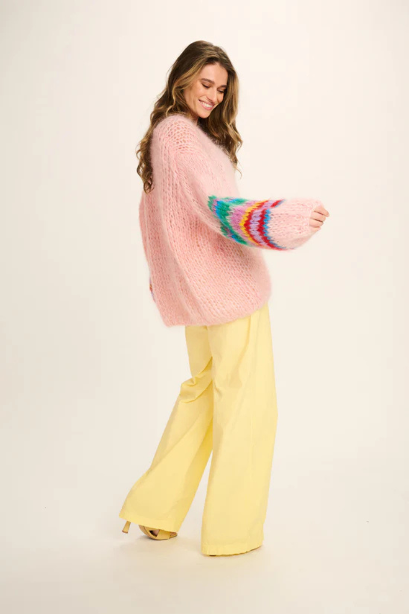 Les Tricots D'O, Eleanor Mohair V-Neck Sweater-Pink w/Coloured Sleeves