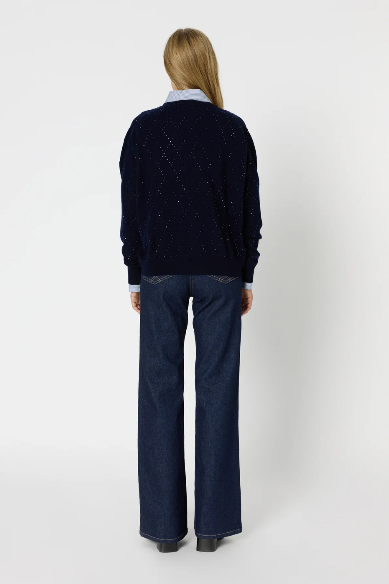Gerad Darel, Edwige V-neck Wool Sweater with Rhinestones - Marine