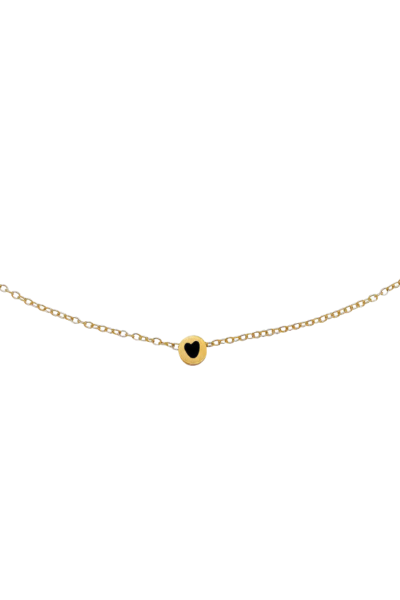 The Makery, Gold Choker Chain Necklace with Black Enamel Heart on Mini Charm