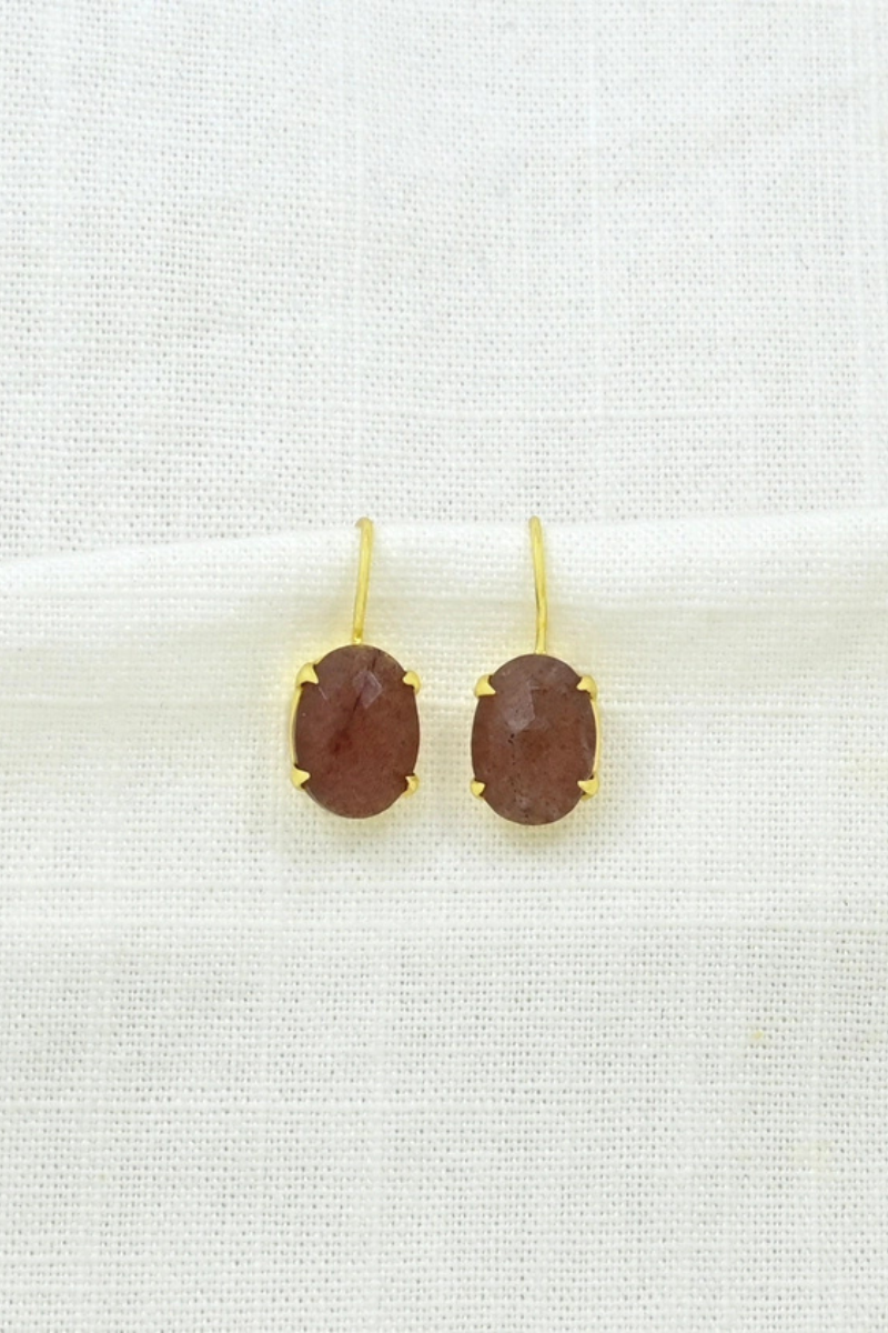 Schmuckoo, Oval Prong Gemstone Earrings Gold - Strawberry Quartz