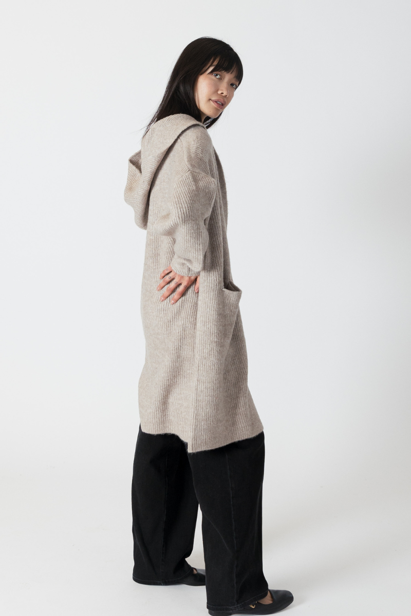 Lyla & Luxe, Darla Long Hooded Ribbed Coat-Driftwood