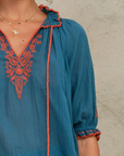 M.A.B.E, Talia Embroidered Short Sleeve Top- Blue/Orange