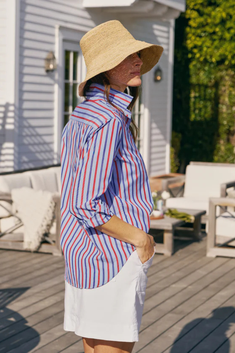Frank & Eileen, Eileen Relaxed Button Up Shirt - Blue with Navy and Red Stripe
