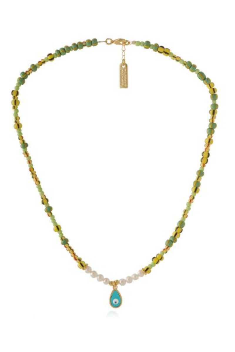 AB, Glass Bead Necklace with Pearls and Gold Eye Tear Drop Pendant